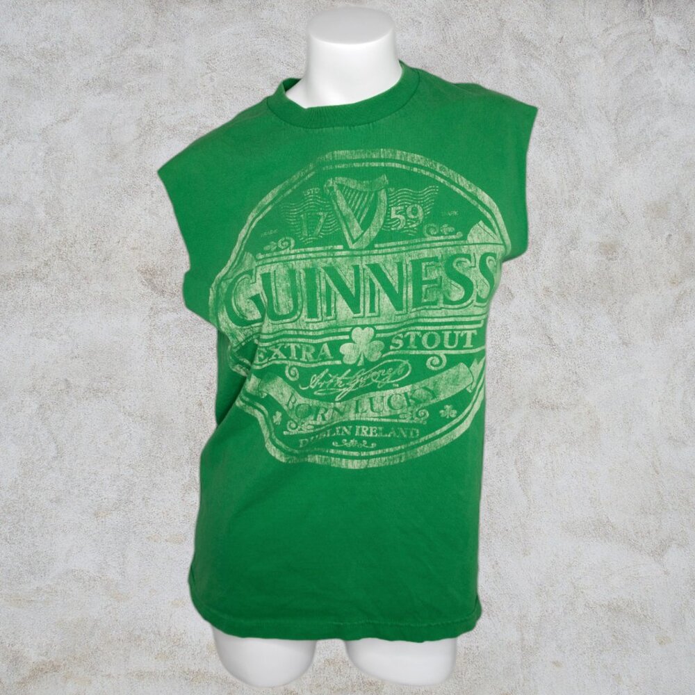 Guinness Extra Stout Born Lucky Dublin Ireland Green Cut Off Sleeveless T-Shirt